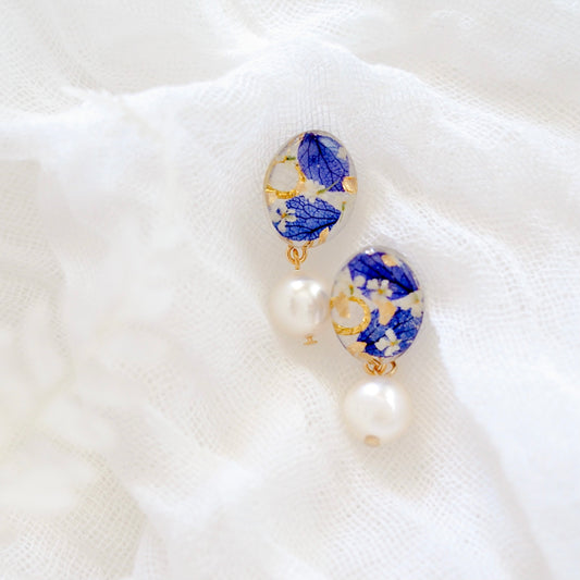 Oval Earrings with Pearl Drop- Blue