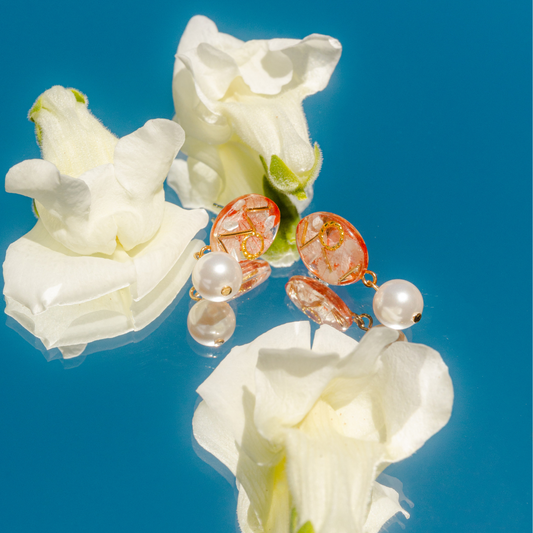 Oval Earrings with Pearl Drop- Pink