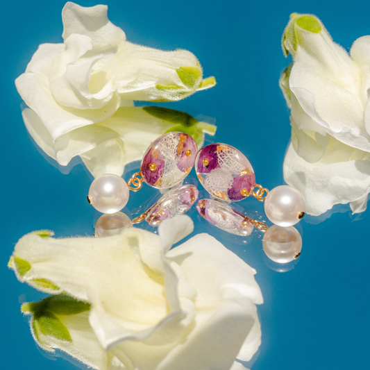 Oval Earrings with Pearl Drop- Purple